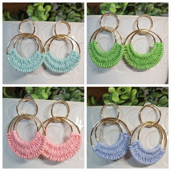 RAFFIA WEAVE HOOP DROP EARRINGS, Choice of Color - Picture 1 of 10